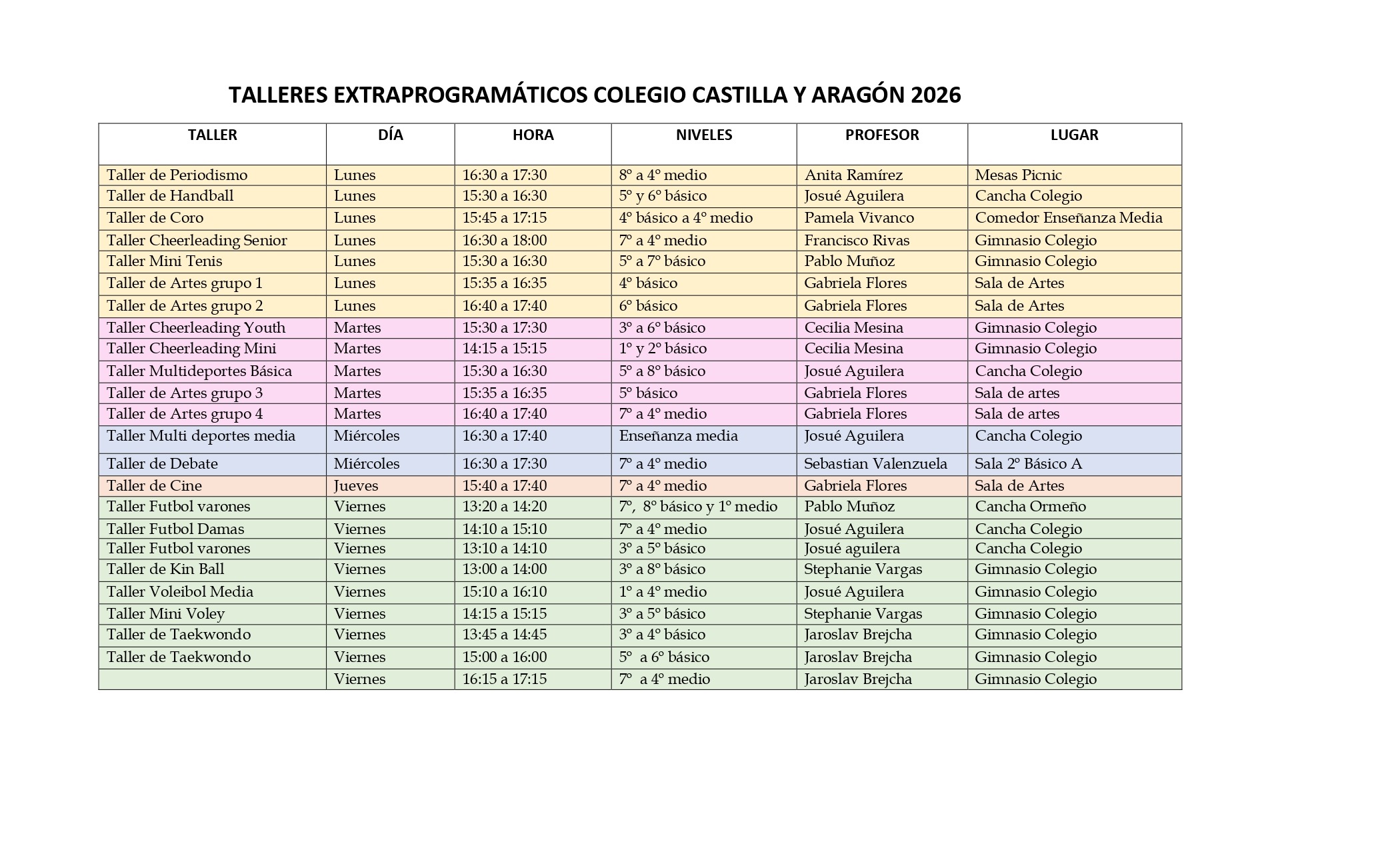 Talleres Extraprogramáticos Colegio CYA 2026